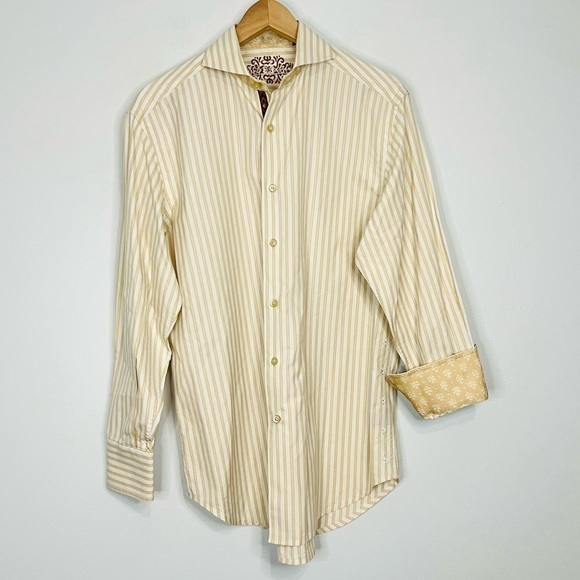 Robert Graham Detailed Striped Beige Flip Cuff Dress Shirt M - Picture 1 of 5